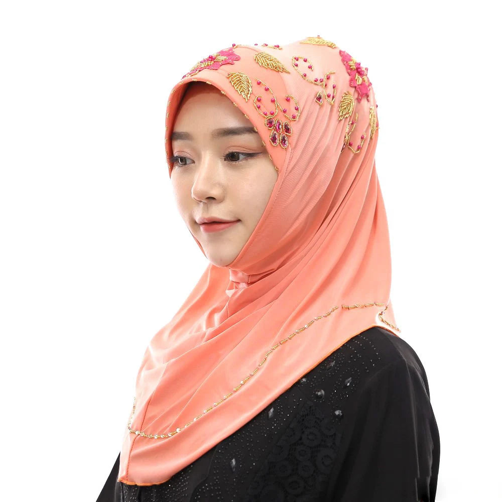 A dropshipping / Spot wholesale / OEM Southeast Asia Malaysia Handmade Beaded Muslim headscarf Islamic Convenient Pullover scarf