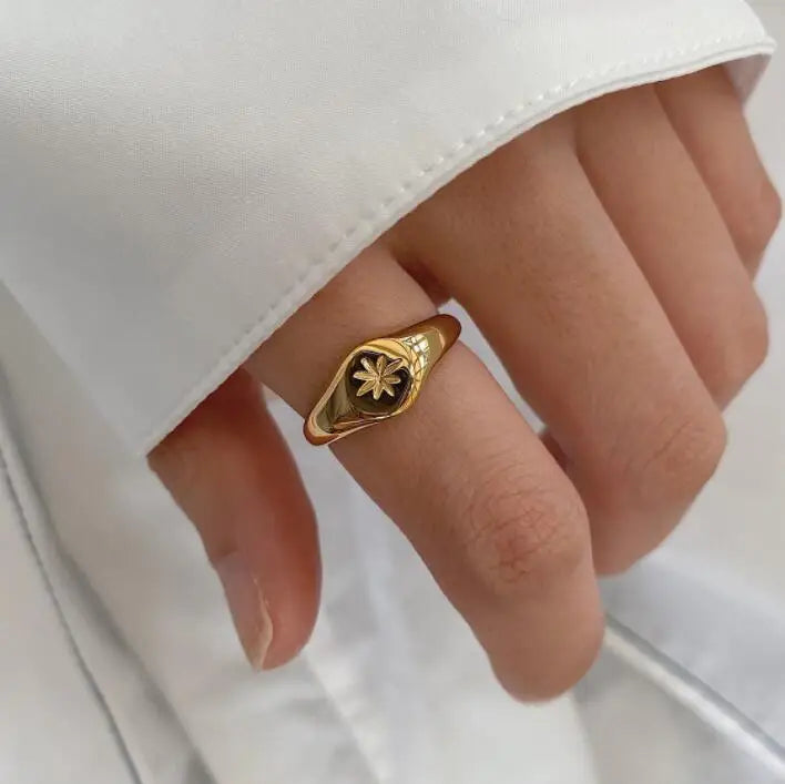 Stainless Steel Women Dainty Band Minimalist Stackable Simple Titanium 18k Gold North Star Signet Gold Ring