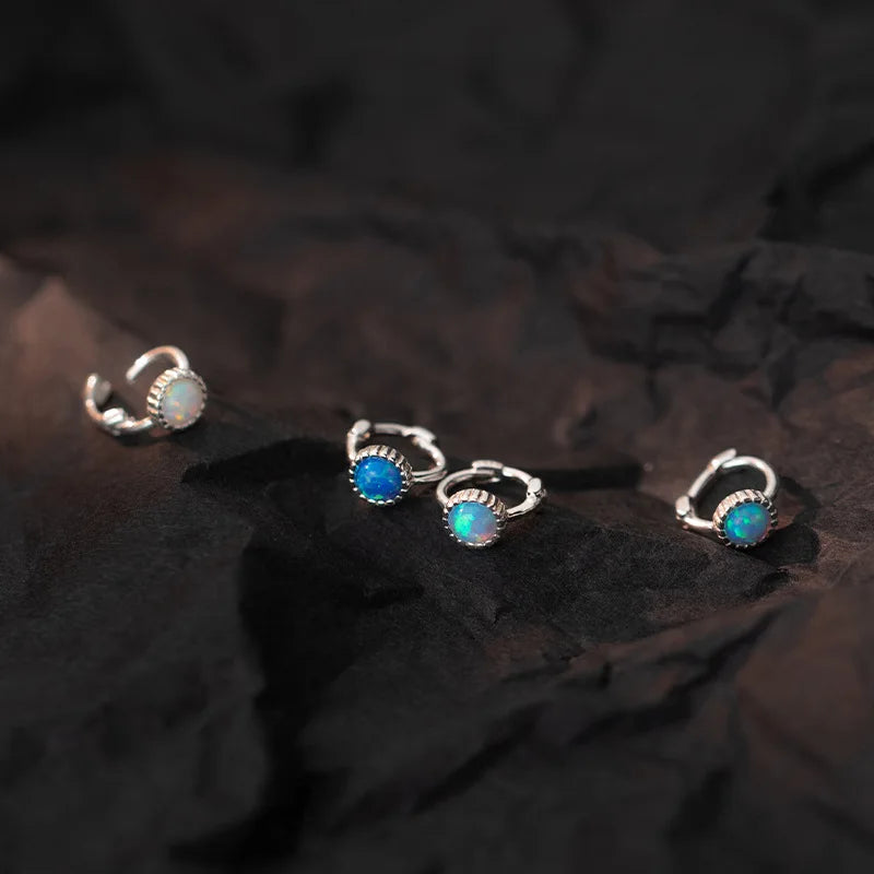 Wholesale Vintage S925 Sterling Silver Colorful Opal Round Hoop Earrings for Women Girl