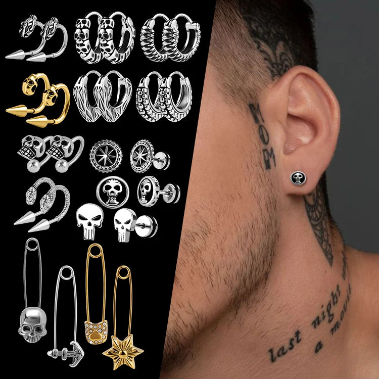Stainless Steel Earrings Wholesale Skull Huggie Hoop Earrings Gold Plated Zircon U-shaped Paper Clip Men Earrings