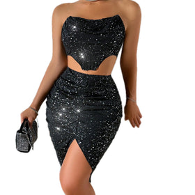 Summer Sexy Sequin Sleeveless Backless Split Half Dress Party Dress New Fashion Women's Dress Top Vest Hip Wrap Half Skirt Set