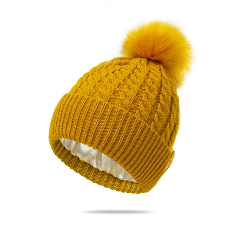 Womens and Men Warm Cable Knit Satin Lined Beanie With Pompom Plain Classic Acrylic Designer Beanie Hats