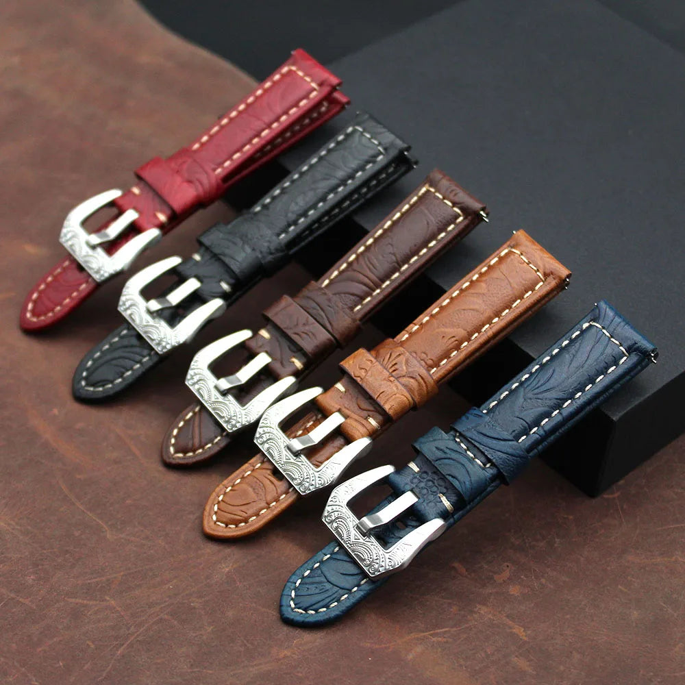 Vintage Brown Embossed Leather Breathable Watch Bands Handmade 2-Piece Genuine Leather Straps 20mm 22mm for Smartwatch Panera