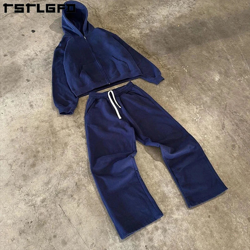 Custom 100% Cotton 400 Gsm Acid & Stone Washed Sweatshirt Set for Men Plus Size Hoodie and Sweatpants Men's Sweatsuit