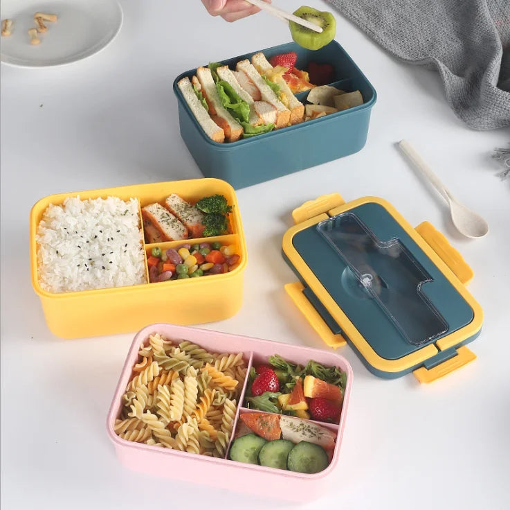Rectangular Leakproof Food Container Tiffin Carrier Students Wheat Straw Plastic Bento Lunch Box Utensils