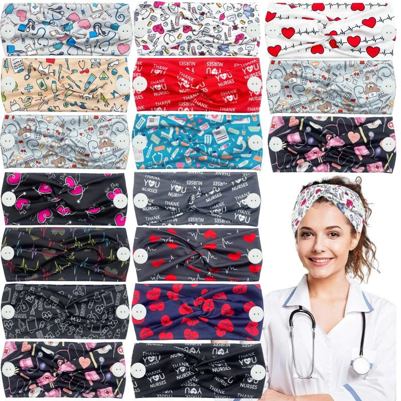 Custom Design Elastic Cross Twist Knotted Wide Doctor Nurse Headband for Women Nurses with Buttons