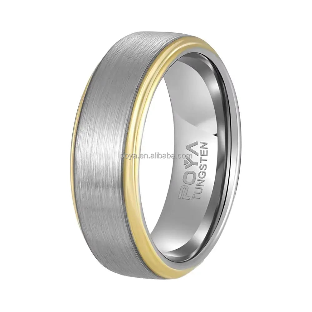 POYA 8mm Tungsten Wedding Ring Vintage Style Silver Brushed Gold Stepped Edges for Engagement & Gift