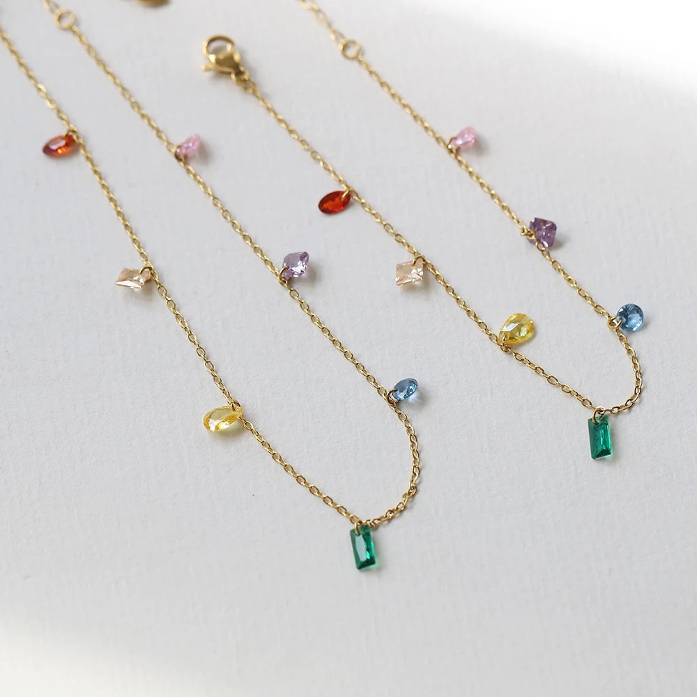 Rainbow Zircon Girls' Feet Chain Stainless Steel 18K Gold Plated Colorful Diamond Anklets for Women Non Tarnish