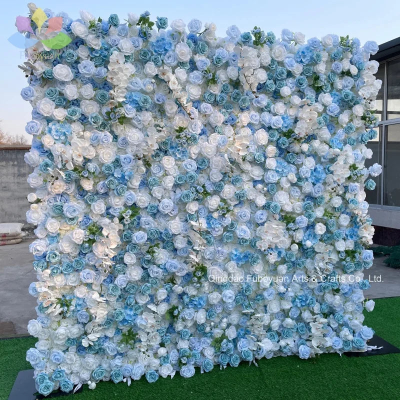 S08 Simulated Floral Wall Photo Backdrop Roll up Wedding Faux Flower Wall Panel Decor Artificial Blue Flower Wall for Room Event
