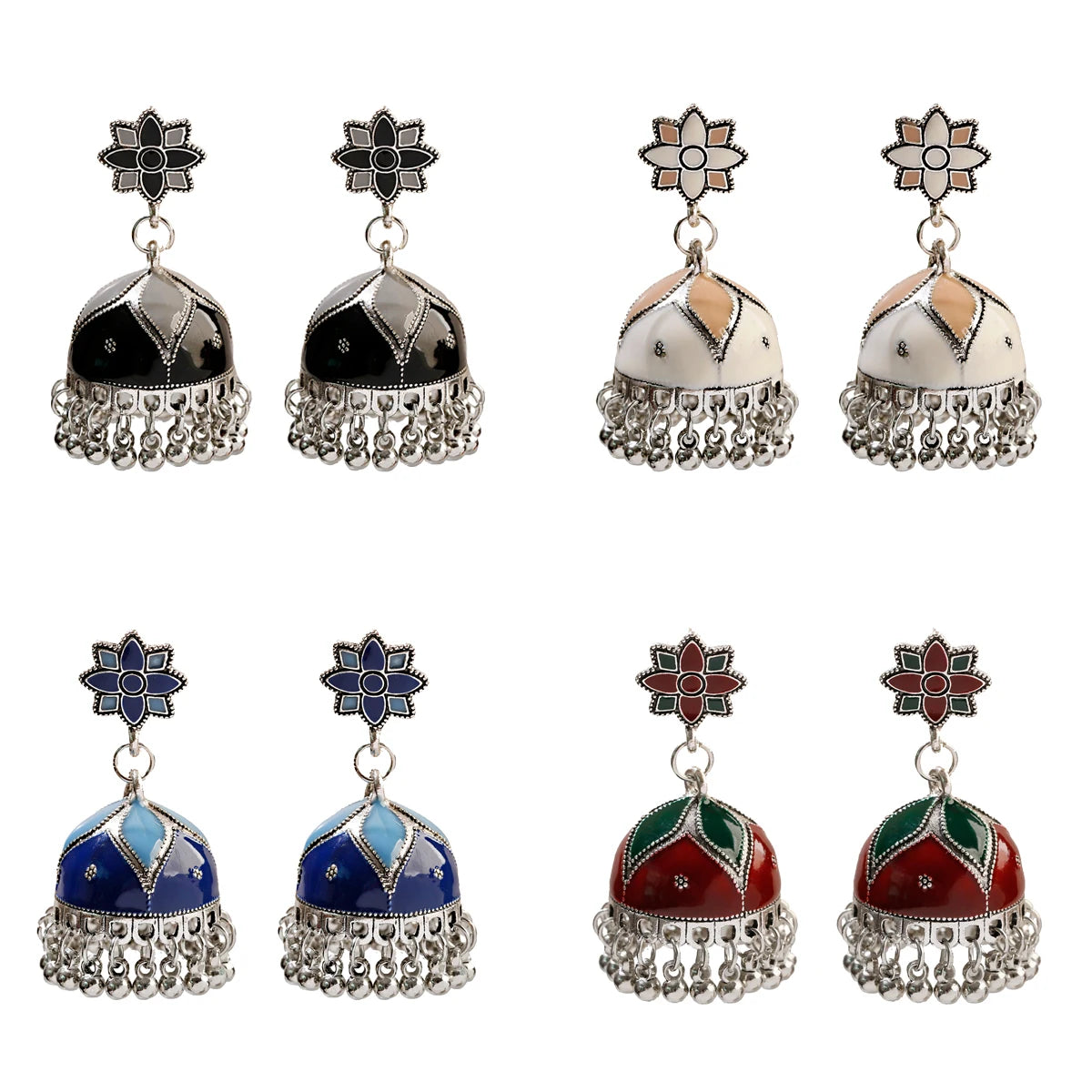 Ethnic Bohemia Sun Flower Short Tassel Bead Drop Bells Dripping Oil Vintage 14K Gold Plated Claw Setting Women's Hoop Earrings