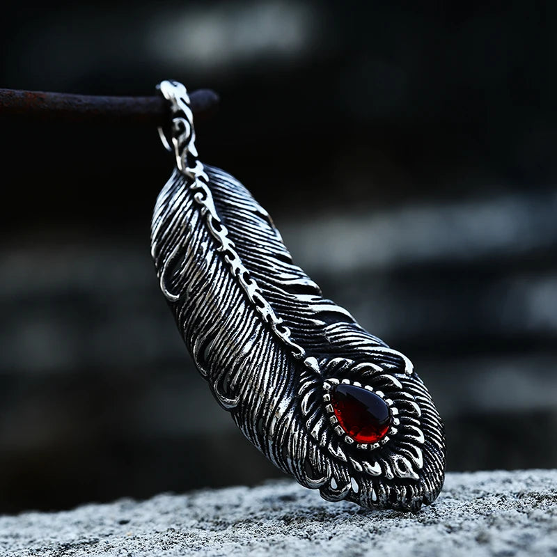 SS8-916P New Design Stainless Steel Feather Pendant Leaf Shaped Red Zircon Stone Necklace Delicate Jewelry for Men Jewelry