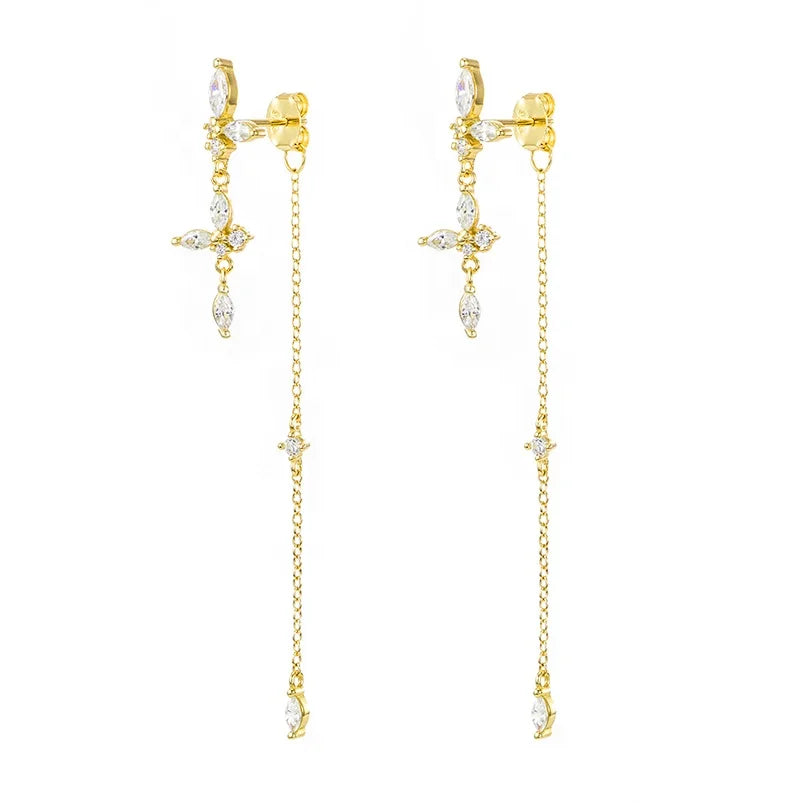 Gemnel Dainty Flower 925 Silver Crystal butterfly Drop Long Chain 18K Bridal Earrings