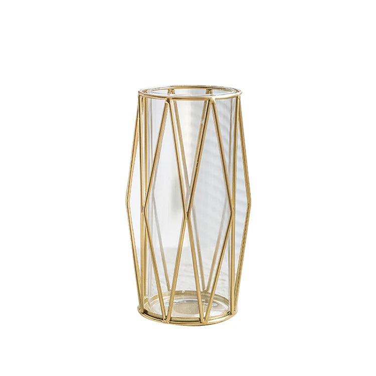 Geometric Gold Luxury Iron Metal Glass Vase Modern Stable & Durable Home Hotel Living Room Bedroom Christmas Decoration