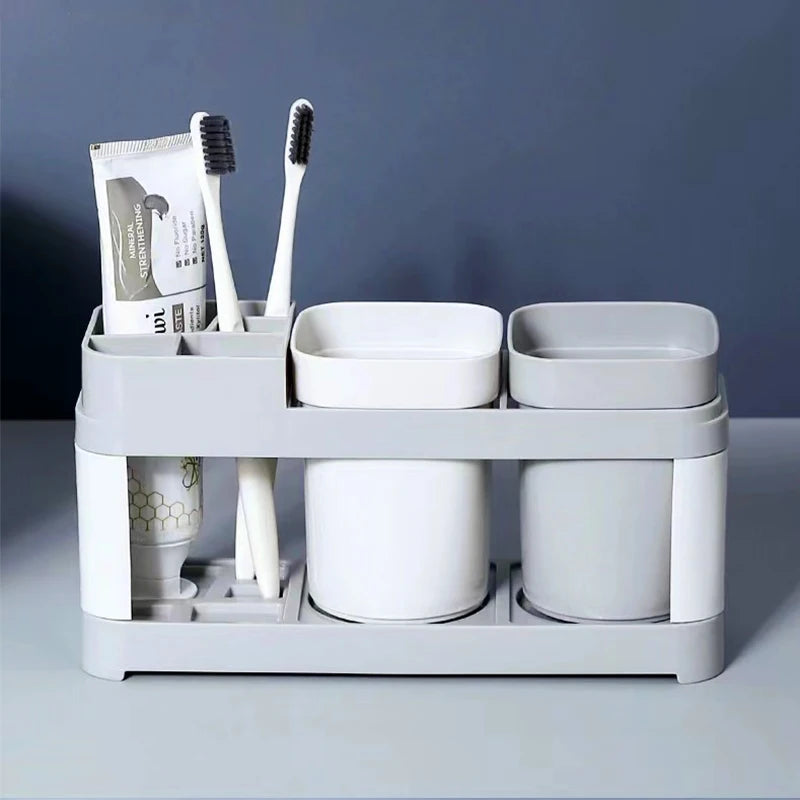 New Fashion White Toothbrush Holder Set With 2 Cup Plastic Bathroom Countertop Toothpaste Organizer Rack