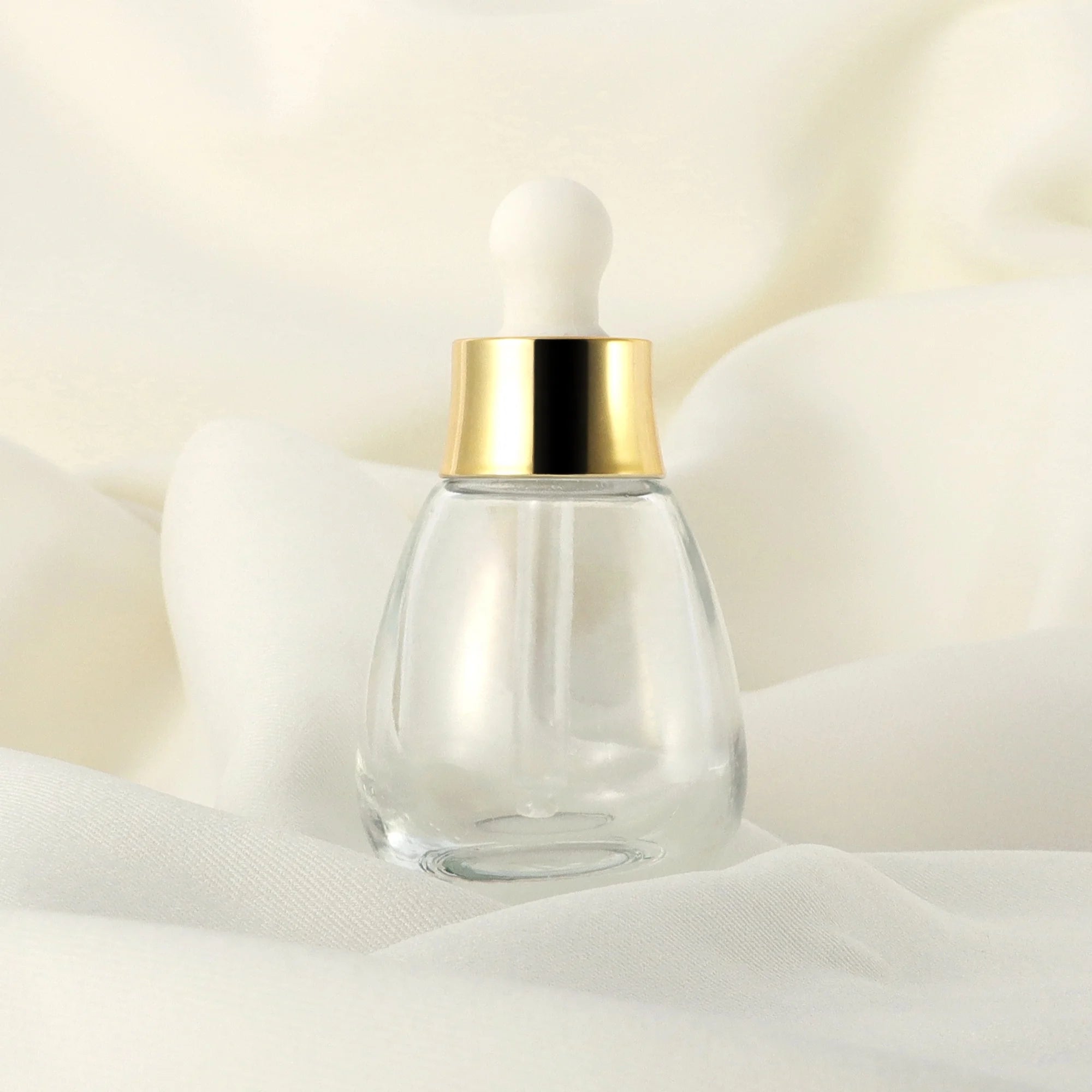 2024 New Arrival 1 oz 30mlGlass Bottle with Dropper Bulb Shape Design Gold Ring White Rubber Head Essential Oil Container