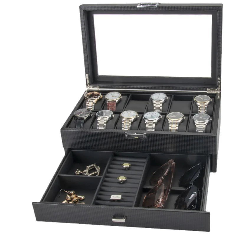 Glass Lid Luxury New Leather 12 Watch Jewelry Display Storage Box With Drawer