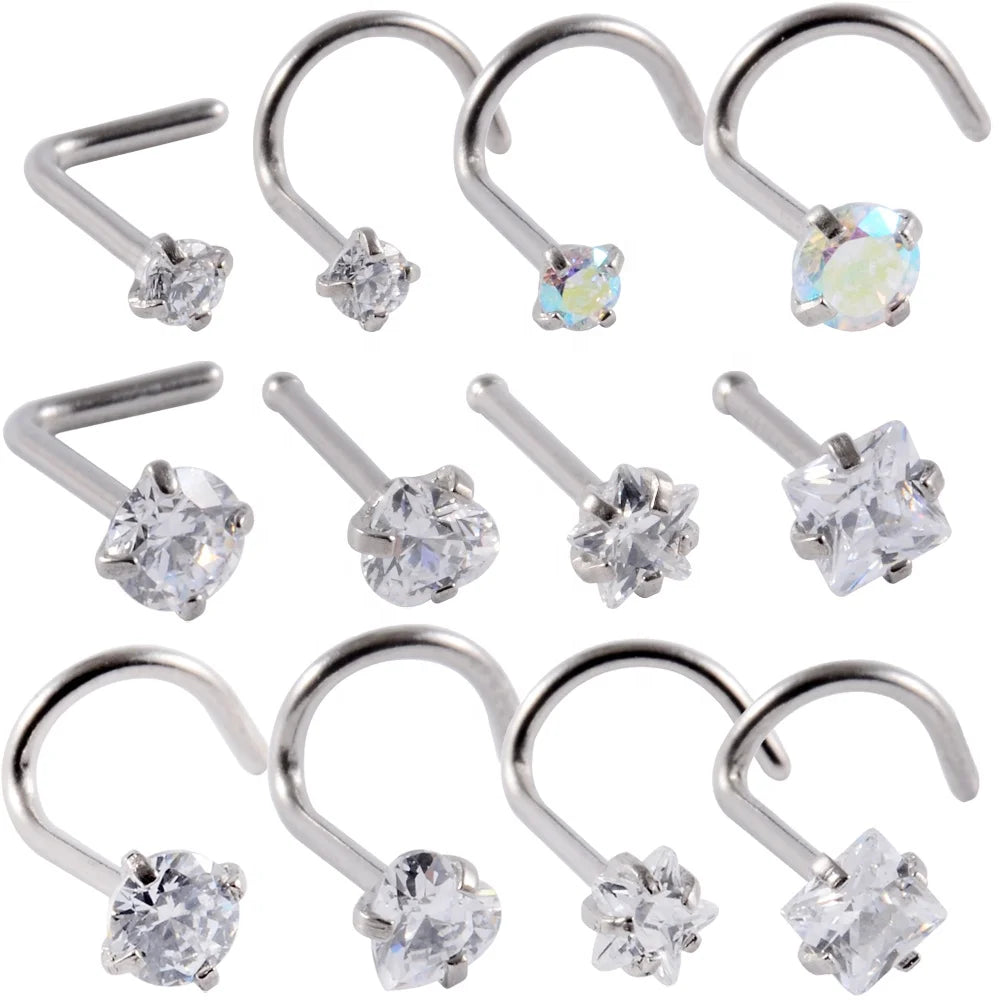 20G Stainless Steel Twisted Nose Studs Screw Ring Body Piercing Heart Shape Zircon Crystal Wedding Gift Nostril Jewelry
