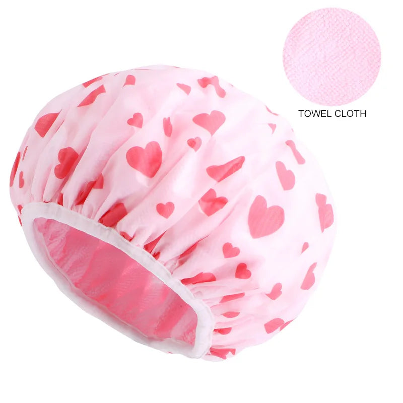 Hot Selling Salon Spa Reusable EVA Waterproof Bonnet Double-layer Printing Inner Towel Cloth Shower Bonnet for Women