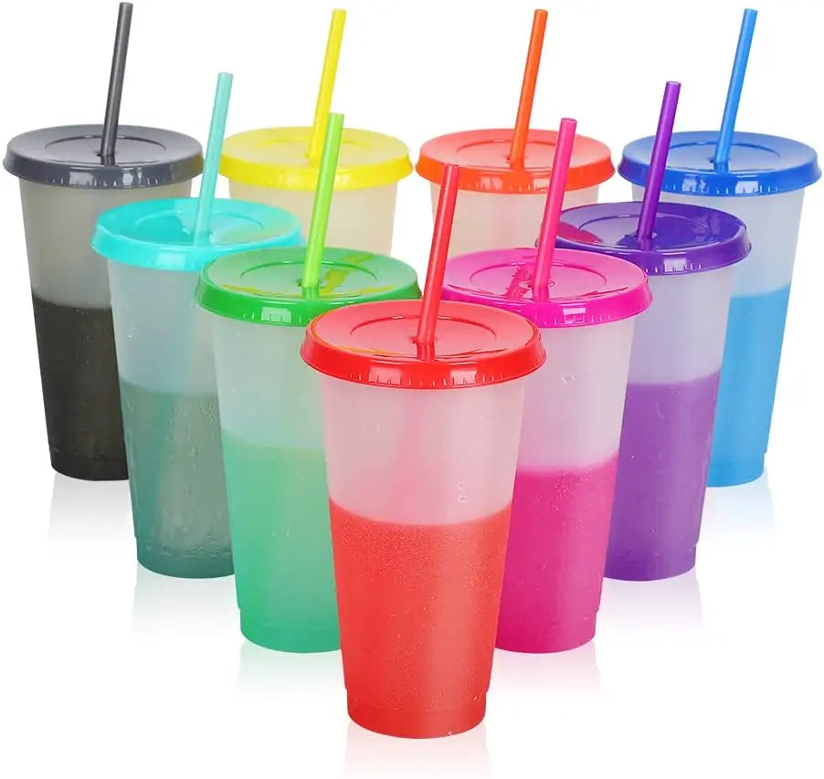 24oz Wholesale Variable Color Cup Reusable Plastic Cup With Cover and Straw Color Changing Stadium Cup