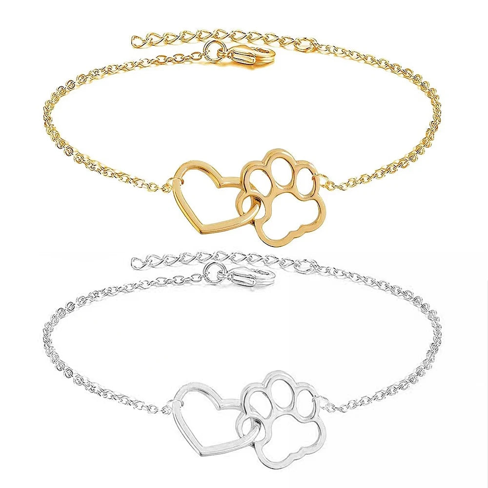 Dainty 18K Gold Silver Plated Stainless Steel Chain Women Copper Charm Dog Paw Heart Bracelet Jewelry
