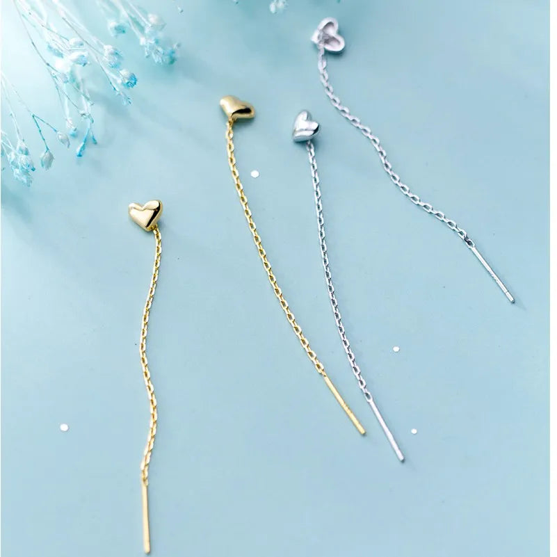 Small Heart Shape Long Chain Ear Threader 18K Gold Plated 925 Sterling Silver Dangle Drop Earrings Fashion Jewelry for Women