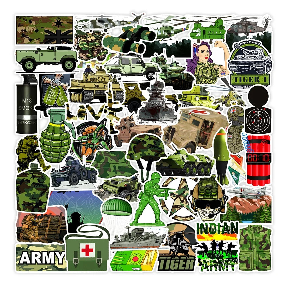 50Pcs Cool Army Soldier Tank Weapon Cartoon Sticker for Boy Skateboard Luggage Laptop Diy Decor Custom Stickers Vinyl