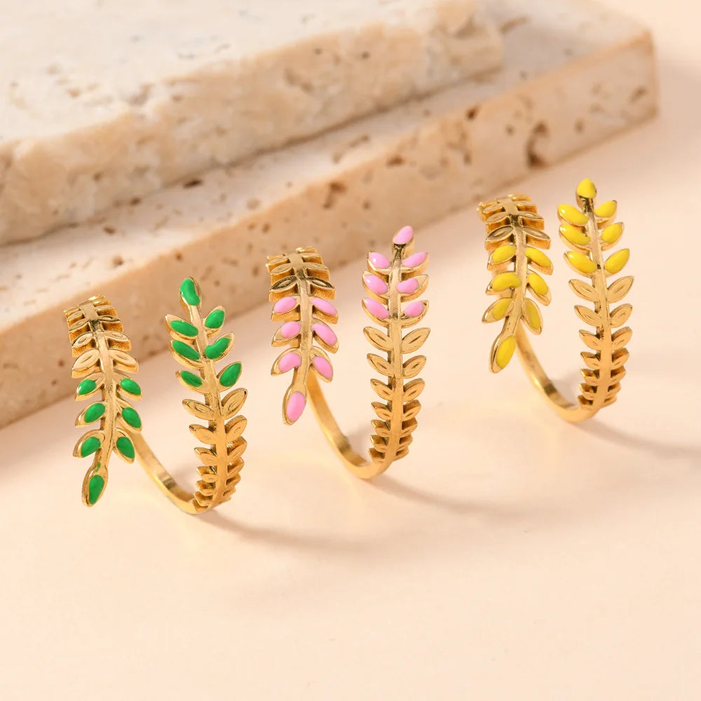 DAIHE Wholesale Stainless Steel Leaf Charm Gold Plated Rings