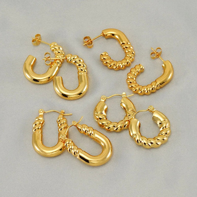 Fashion 18k Gold Stainless Steel Round Hoop Earrings Twist Irregular Circle Hoop Earrings for Women Lady Gift