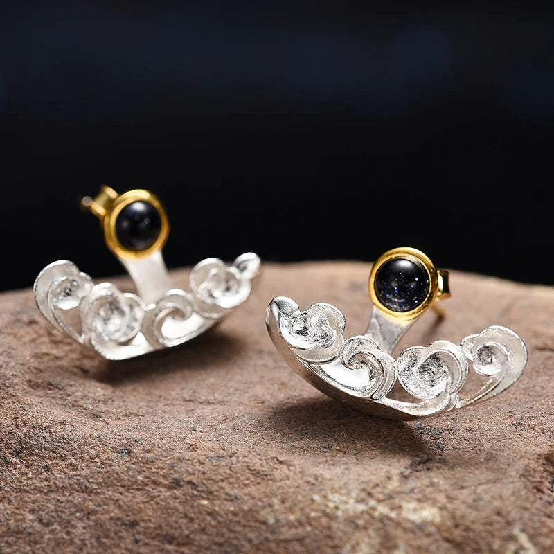 Lotus Fun Handmade 18k Gold Starry and Waves Gold Plated 925 Sterling Silver Stud Earring Jewelry Making Fine Jewelry for Women