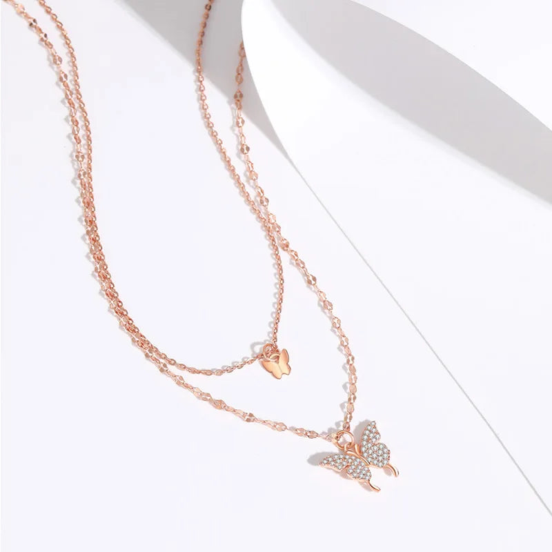 BINSHUO Butterfly Double-Layer Necklace Women Romantic Design Brass 14K Gold Plated Claw Setting Chocker Clavicle Chain