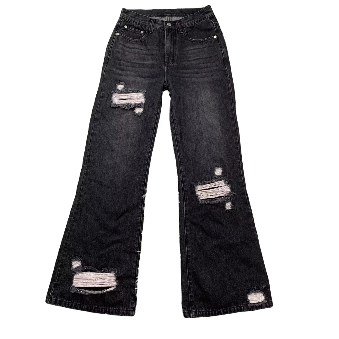DENIMGUYS Fashion Streetwear Grey Washing Baggy Ripped Denim Jeans Men Manufacturer Custom Distressed Jeans Flare Stacked Jeans