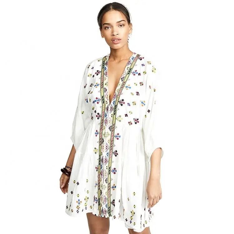 Women's Plus Size Fashion Design Blouse Dress A-Line Casual Embroidery Lantern Sleeve Boho Style White Autumn Season Natural