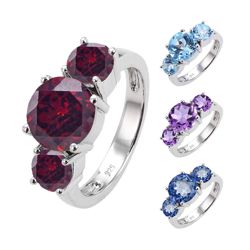 Abiding Wholesale Custom OEM Jewelry Natural Garnet Gemstones Solid 925 Silver Three Stone Rings OEM ODM Jewelry