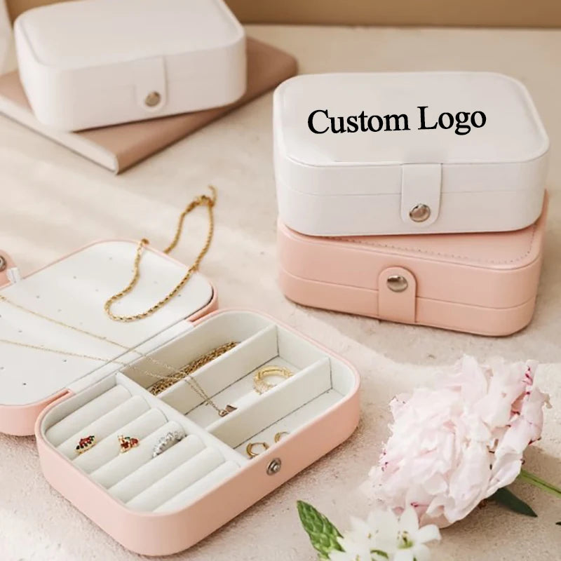 Custom Logo Mini Small PU Leather Travel Jewelry Box Organizer Case Jewerlys Storage for Earrings and Necklaces PC Material