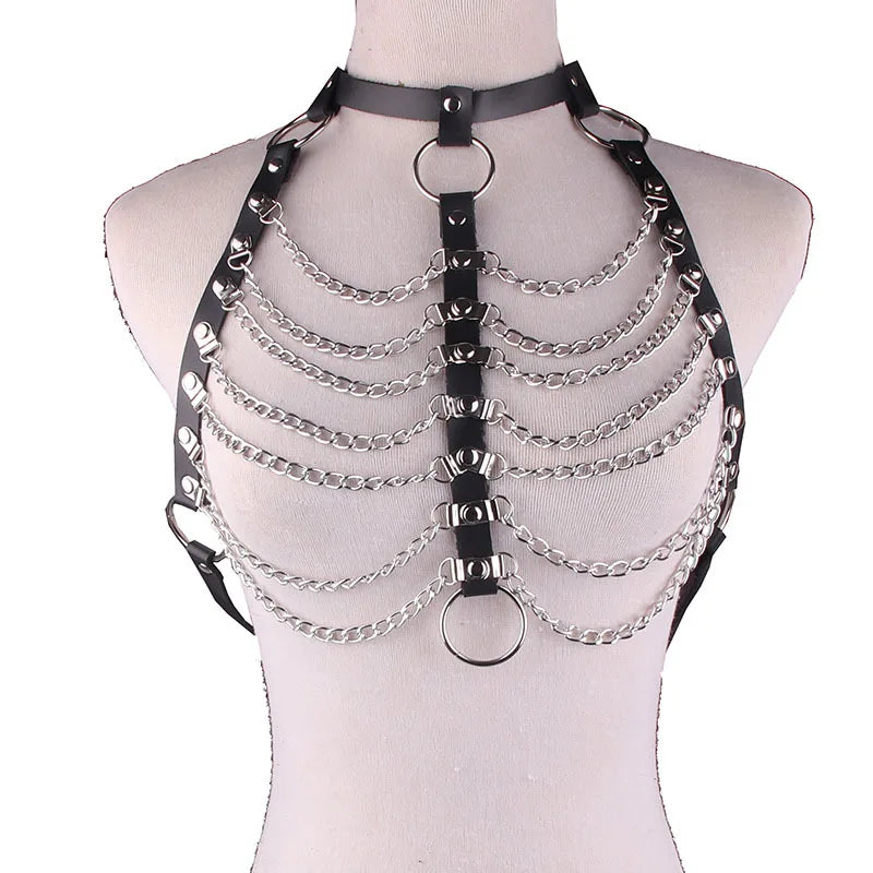 Harajuku Unisex Men Women PU Leather Punk Gothic Body Chest Harness Halter Neck Chain Tassel Chest Belt