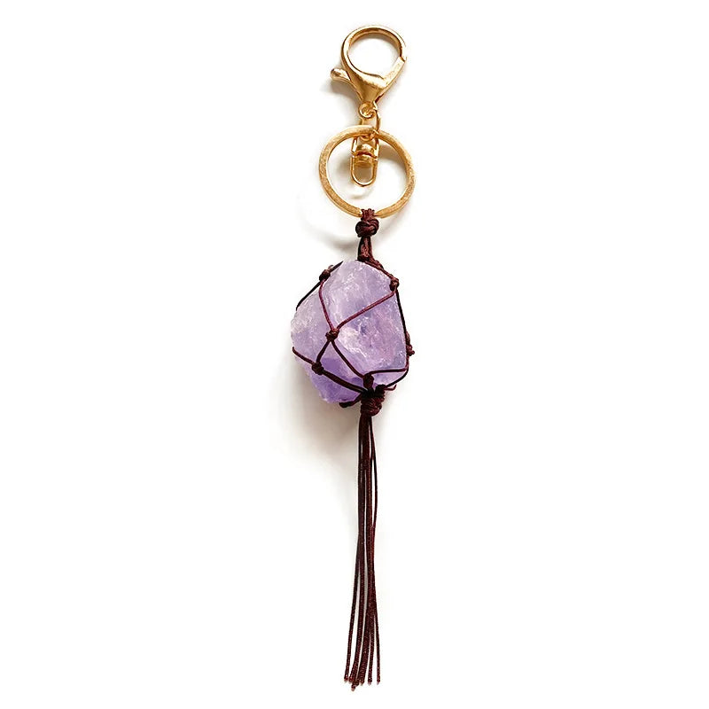 Original Bohemian Lucky Large White Crystal Fluorite Key Ring Woven Technique Cat Pattern Natural Amethyst Bag Pendant Key Chain