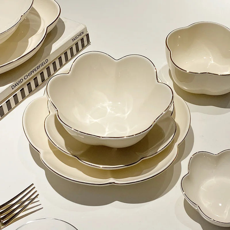 Light Luxury Cream Flower Shape Gold Rim Ceramic Tableware Set Modern French Ceramic Salad Dessert Plate