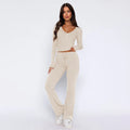 2024 Fall Winter Collection Hot Selling Women's Casual Style 2-Piece Sweat Suits Set Long Sleeve Knitted Tracksuit Top Solid