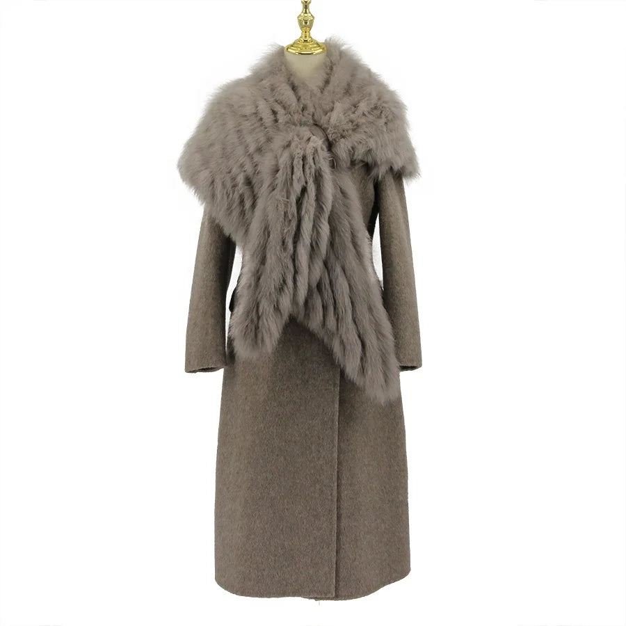 QC23018 New Arrival High Quality Breathable Long Cashmere Wool Coat with Detachable Fox Shawl Collar