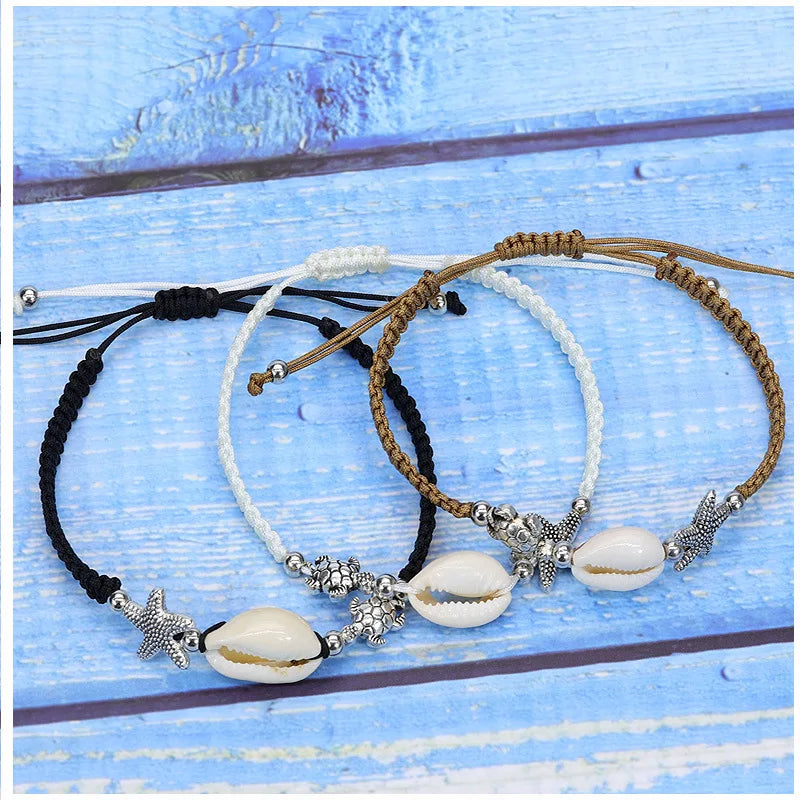Fashion Adjustable Customized Rope Braided Turtle Sea Cowrie Shell Bracelet Hand Braided