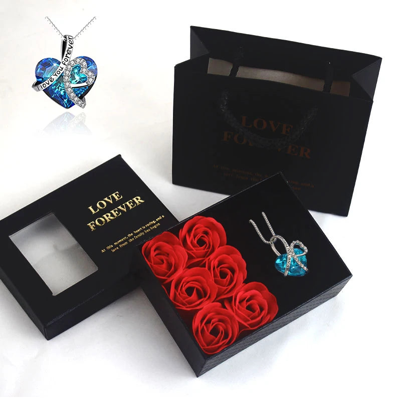 HOVANCI Valentine's Day Rose Gift Box With Necklace Girlfriend Zirconia Heart Pendant of the Ocean Necklace