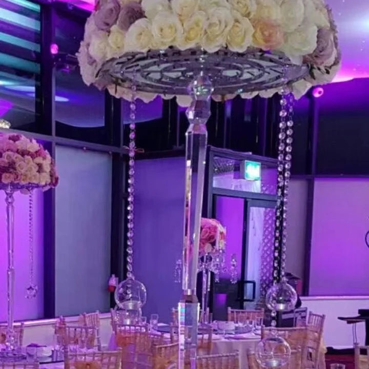 CH Wedding Crystal Candelabra Silver Metal Flower Stand Table Centerpiece Handmade Home Decoration for Aisle