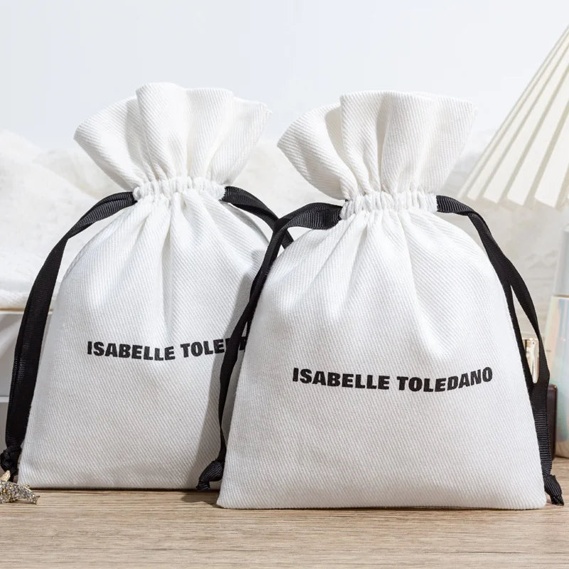 High Quality Custom Logo Printed Gift Twill Cotton Drawstring Bag Portable and Reusable with Double String for Jewelry