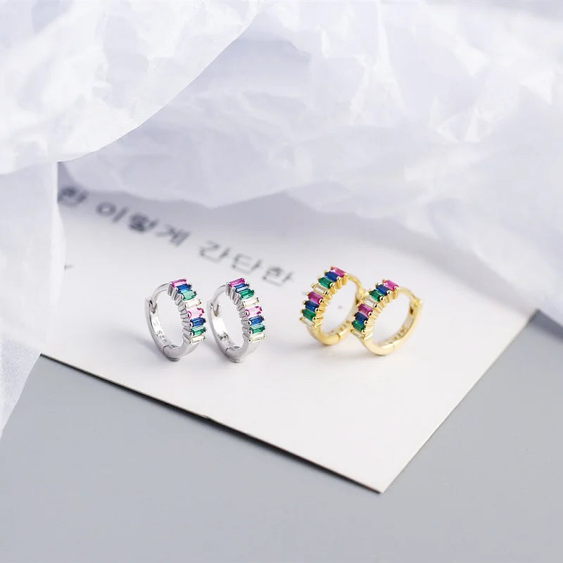Lady's Non-Allergic 925 Sterling Silver Jewelry Valentines Gemstone Earrings Emerald Cut Crafted Colorful Zircon Huggie Earrings