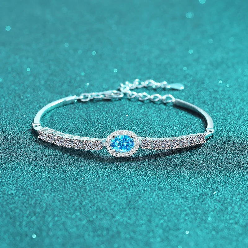 S925 Sterling Silver Handmade Moissanite Bracelet with Blue Oval Bezel Set Row Chain Minimalist Design for Parties Weddings