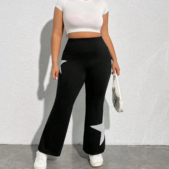 Lady's Pant High Waist Flare-leg Pant Patch Embroidery Star Elastic Waistband Sweatpants Legging