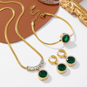 New Tarnish Free Jewelry Set Stainless Steel 3pcs Round Emerald Zircon Necklace Earrings Bracelet Jewelry Set for Women