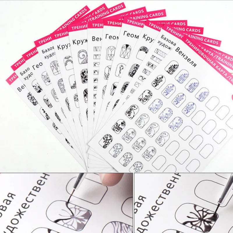 12 Sheets Nail Painting Workbook Board Beginner Training Nail Art Line Drawing Practice Sheets Mat Tool Reusable Leaner Kit