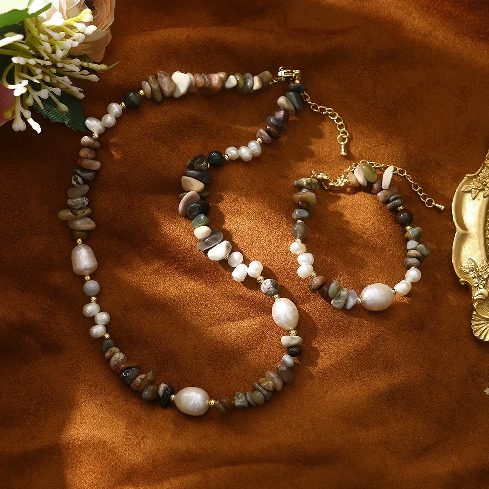 18K Gold Plated Necklace Irregular Alashan Stone Healing Necklace Luxury Baroque Pearl Charm Vintage Jewelry for Women Girls