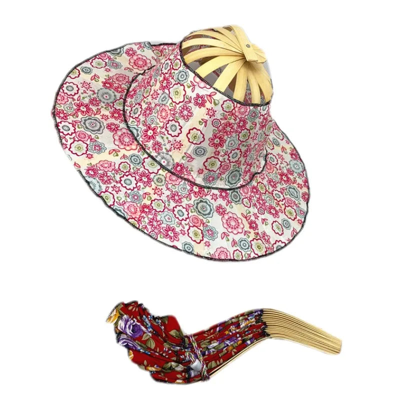 Folding Fan Foldable Bamboo Hat and FanSummer Beach Foldable Hat Fan2 in 1Portable Hand Fan and Sun Hat  Bamboo Frame